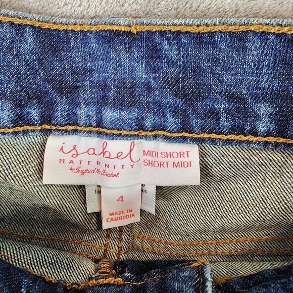 Womens Isabel Maternity Side Panel MIDI Blue Denim Jean Shorts 4” inseam Size 4 - Picture 2 of 9